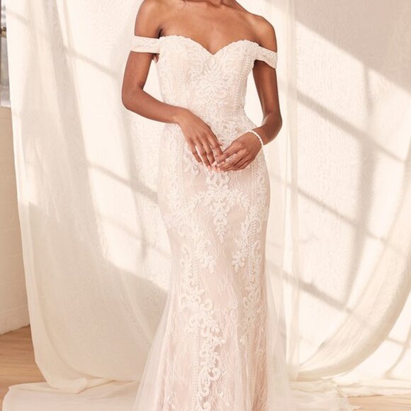 Lulus Promised Love White Beaded Lace Off-the-shoulder Maxi Dress - Size 2 - Picture 1 of 6